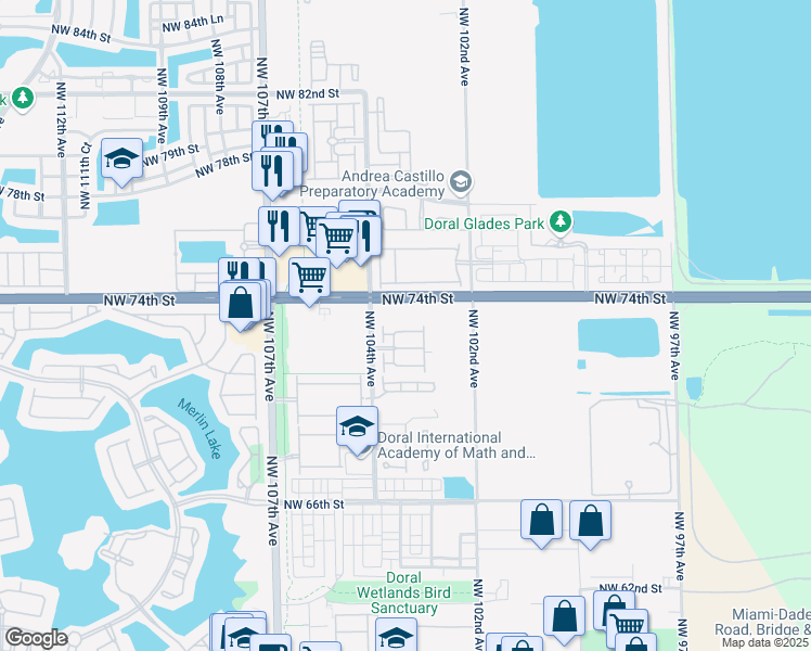 map of restaurants, bars, coffee shops, grocery stores, and more near 10259 NW 72nd Terrace in Doral