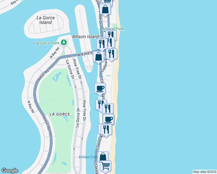 map of restaurants, bars, coffee shops, grocery stores, and more near 5750 Collins Avenue in Miami