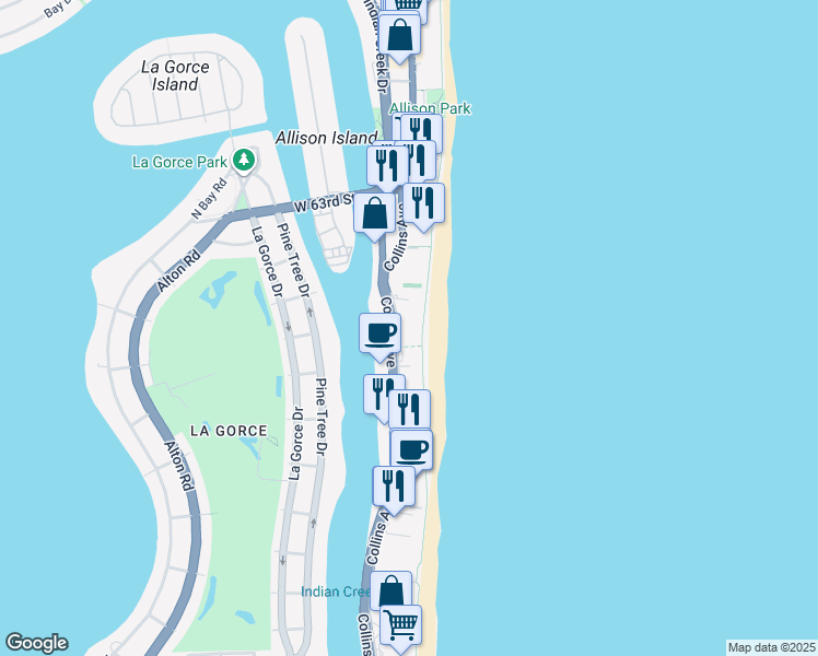 map of restaurants, bars, coffee shops, grocery stores, and more near 5750 Collins Avenue in Miami