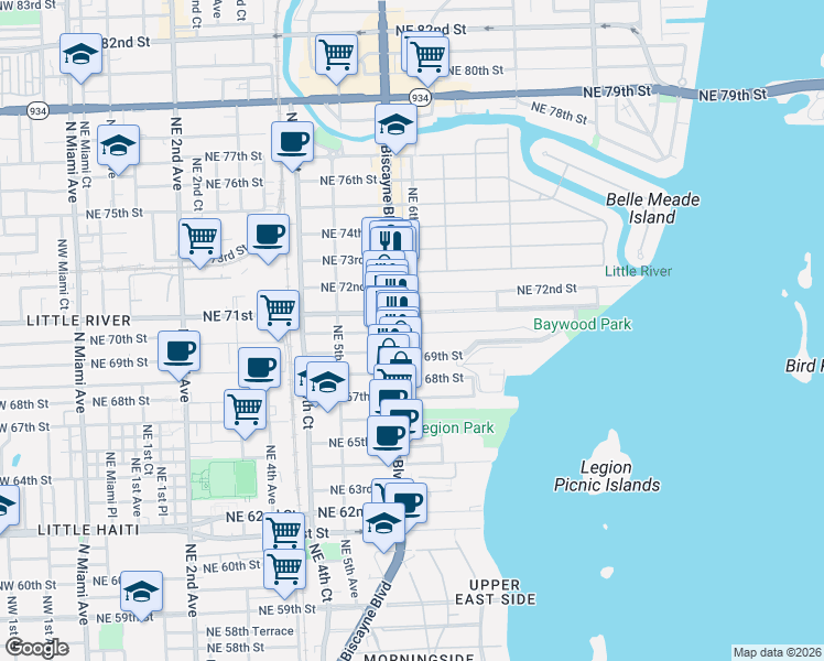map of restaurants, bars, coffee shops, grocery stores, and more near in Miami
