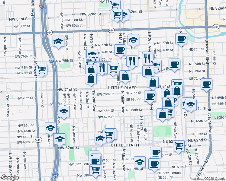 map of restaurants, bars, coffee shops, grocery stores, and more near 38 Northwest 70th Street in Miami