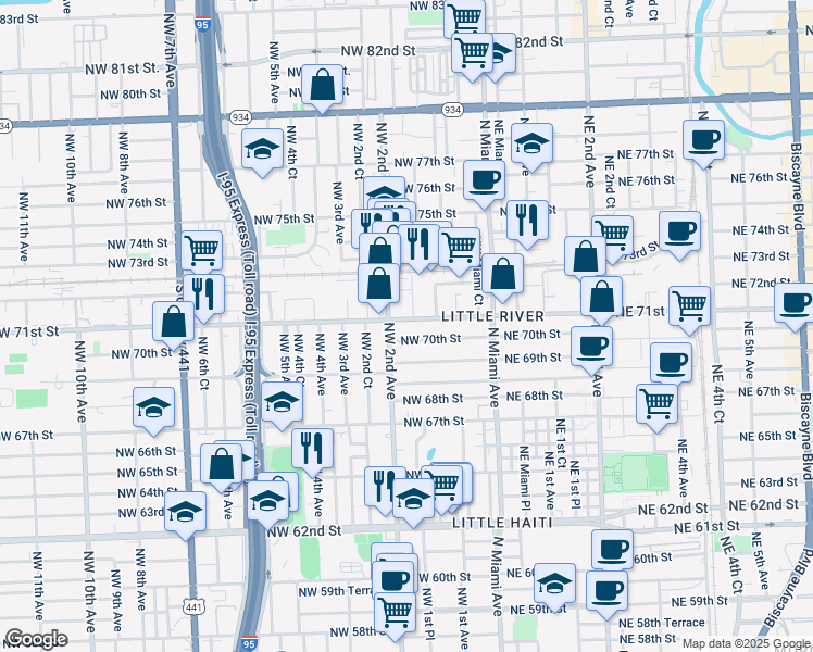 map of restaurants, bars, coffee shops, grocery stores, and more near 6975 Northwest 2nd Avenue in Miami