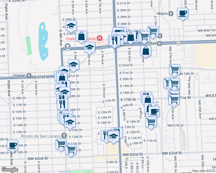 map of restaurants, bars, coffee shops, grocery stores, and more near 692 East 19th Street in Hialeah