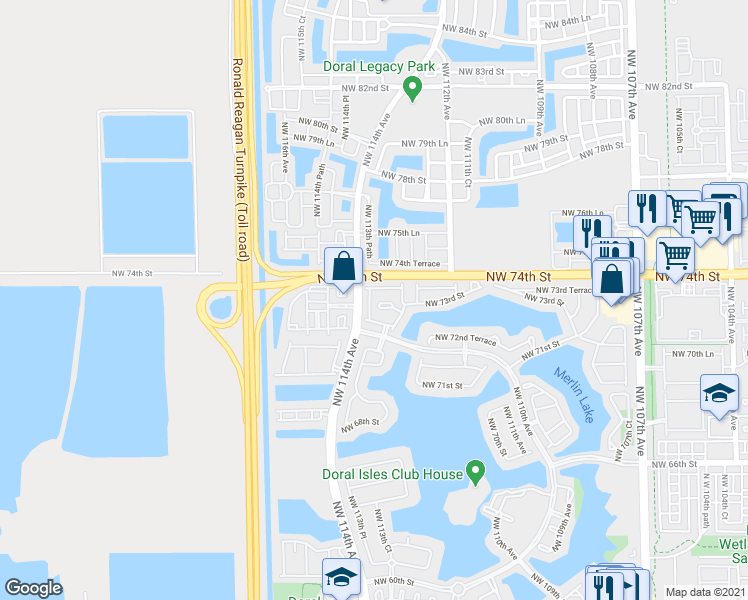 map of restaurants, bars, coffee shops, grocery stores, and more near 7246 Northwest 113th Place in Doral