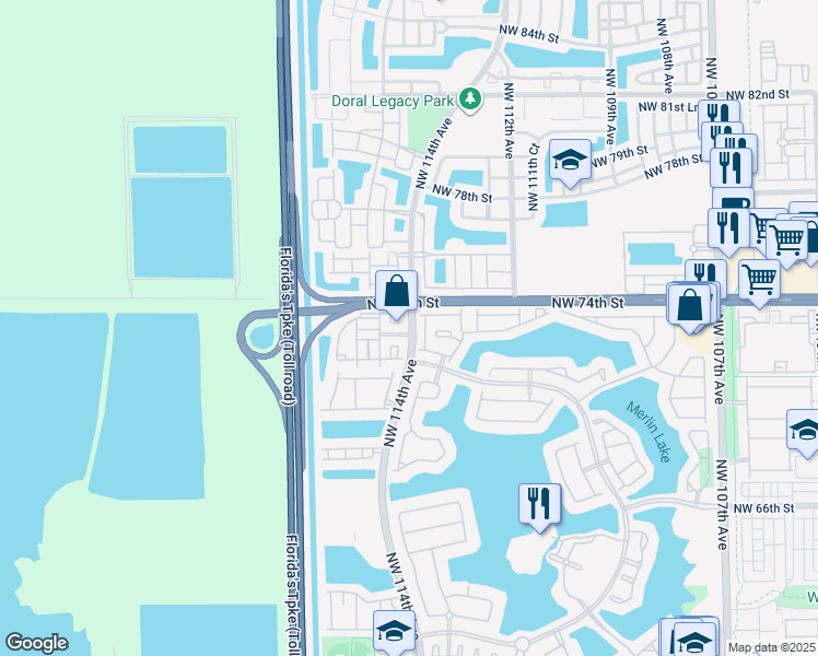 map of restaurants, bars, coffee shops, grocery stores, and more near 7246 Northwest 113th Place in Doral