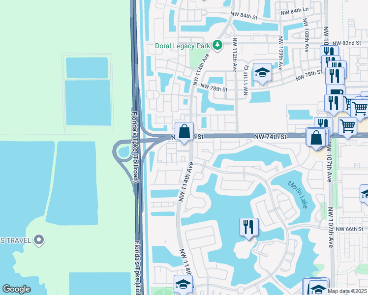 map of restaurants, bars, coffee shops, grocery stores, and more near 7250 Northwest 114th Avenue in Doral