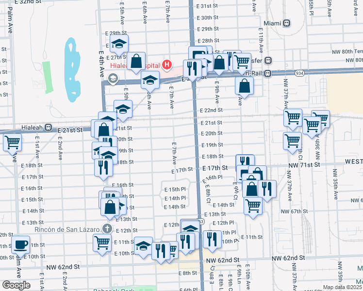 map of restaurants, bars, coffee shops, grocery stores, and more near 692 East 19th Street in Hialeah