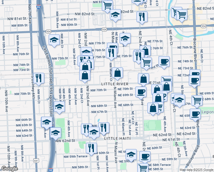map of restaurants, bars, coffee shops, grocery stores, and more near 50 Northwest 71st Street in Miami