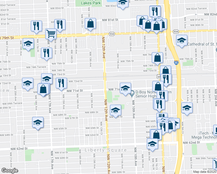 map of restaurants, bars, coffee shops, grocery stores, and more near 1195 Northwest 71st Street in Miami