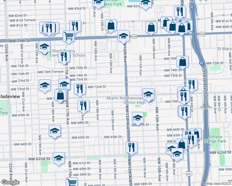 map of restaurants, bars, coffee shops, grocery stores, and more near 1262 Northwest 71st Terrace in Miami