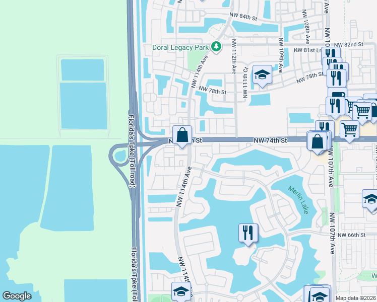 map of restaurants, bars, coffee shops, grocery stores, and more near 11377 Northwest 73rd Terrace in Doral