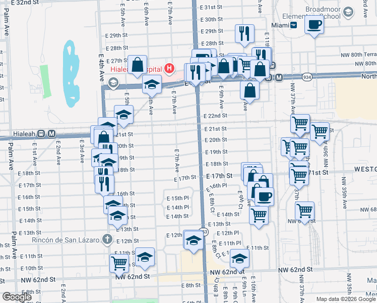 map of restaurants, bars, coffee shops, grocery stores, and more near 777 East 20th Street in Hialeah