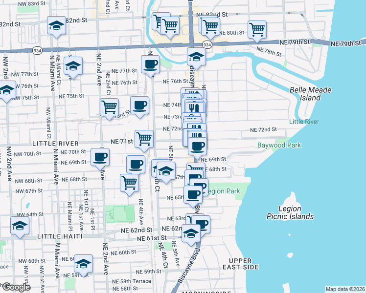 map of restaurants, bars, coffee shops, grocery stores, and more near 551 Northeast 71st Street in Miami