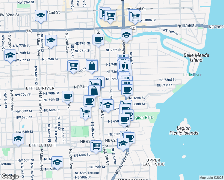 map of restaurants, bars, coffee shops, grocery stores, and more near 445 Northeast 71st Street in Miami