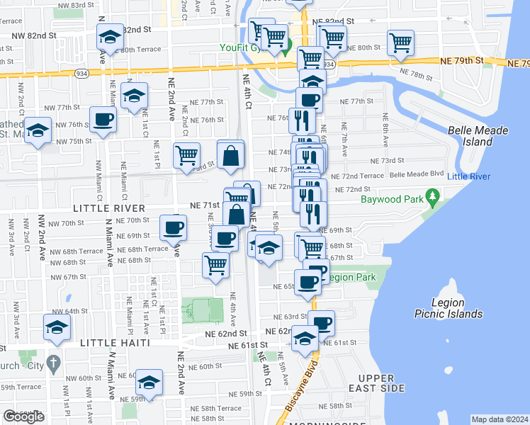 map of restaurants, bars, coffee shops, grocery stores, and more near 445 Northeast 71st Street in Miami
