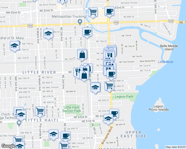 map of restaurants, bars, coffee shops, grocery stores, and more near 445 Northeast 71st Street in Miami