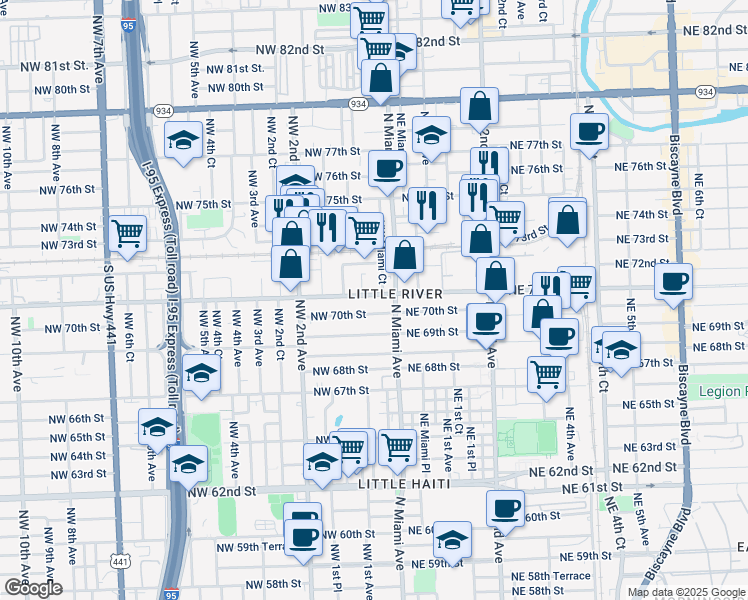 map of restaurants, bars, coffee shops, grocery stores, and more near 73 Northwest 71st Street in Miami