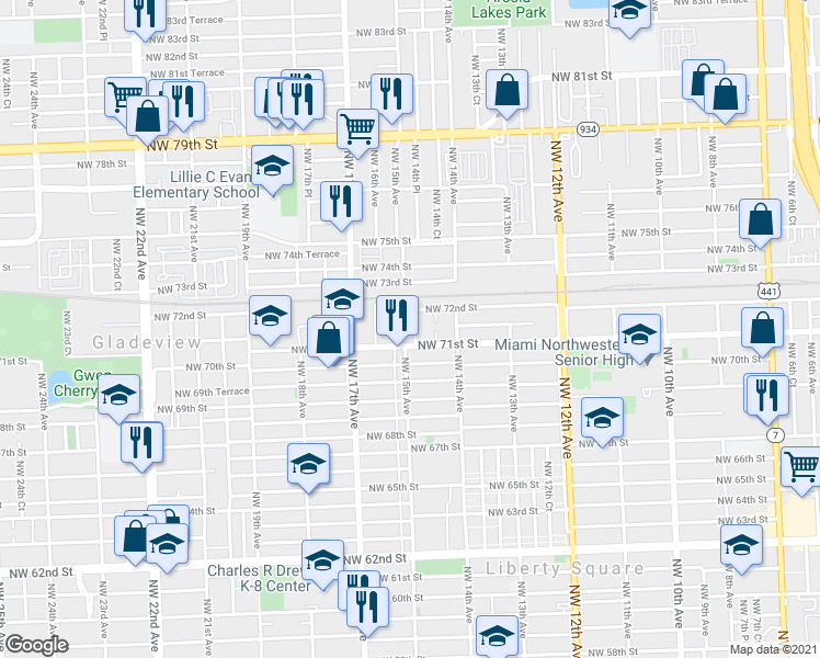 map of restaurants, bars, coffee shops, grocery stores, and more near 7184 Northwest 14th Place in Miami