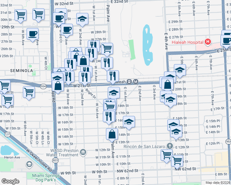 map of restaurants, bars, coffee shops, grocery stores, and more near 22 East 21st Street in Hialeah