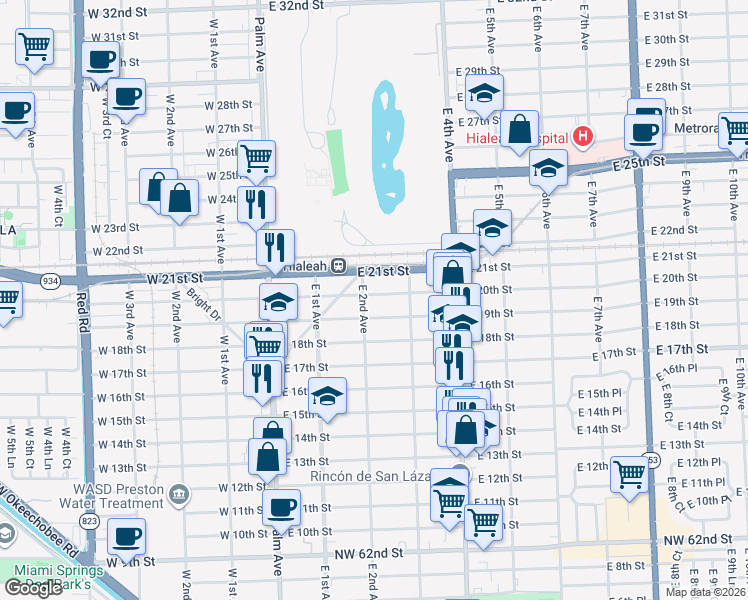 map of restaurants, bars, coffee shops, grocery stores, and more near 251 East 20th Street in Hialeah