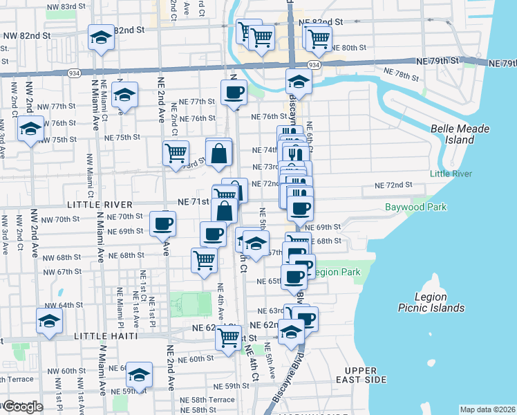 map of restaurants, bars, coffee shops, grocery stores, and more near 445 Northeast 71st Street in Miami