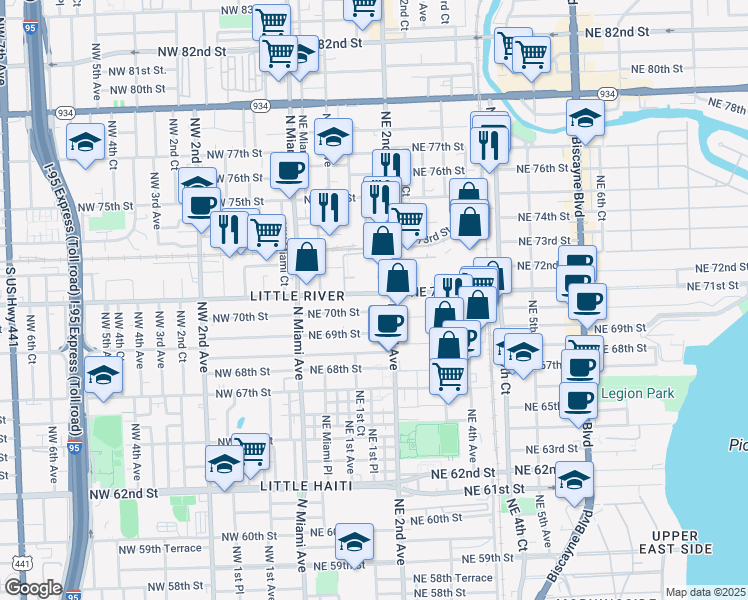 map of restaurants, bars, coffee shops, grocery stores, and more near 7100 Northeast 2nd Avenue in Miami