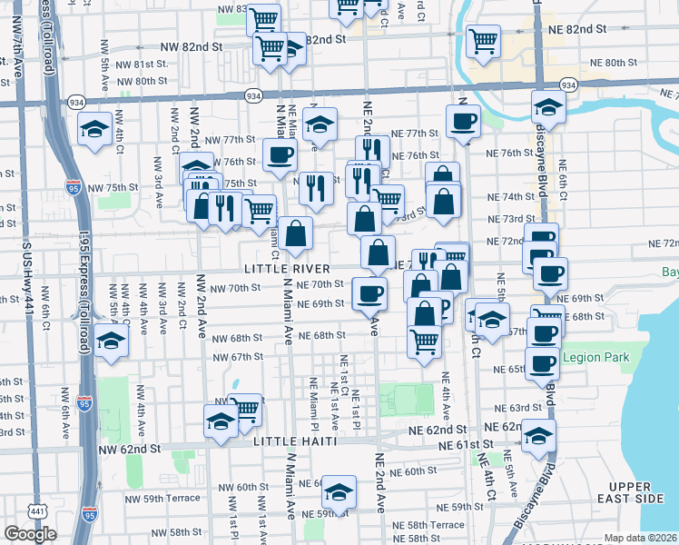 map of restaurants, bars, coffee shops, grocery stores, and more near 103 Northeast 71st Street in Miami