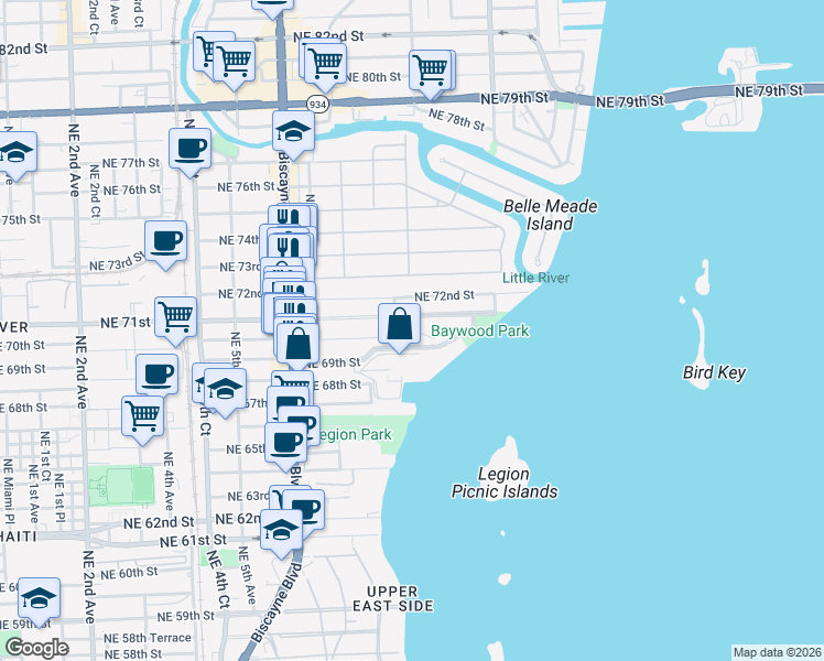 map of restaurants, bars, coffee shops, grocery stores, and more near 821 Northeast 71st Street in Miami