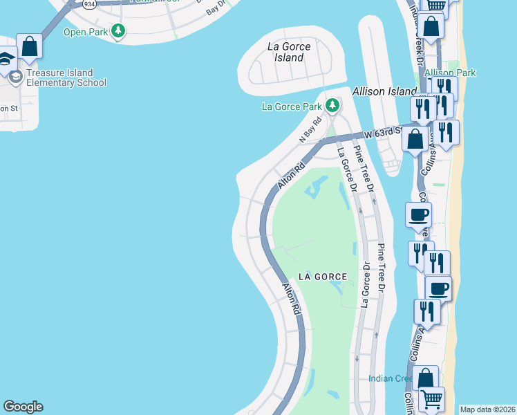 map of restaurants, bars, coffee shops, grocery stores, and more near 5905 North Bay Road in Miami Beach