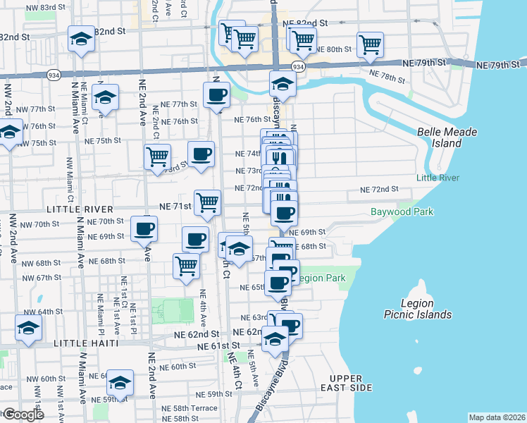 map of restaurants, bars, coffee shops, grocery stores, and more near 551 Northeast 71st Street in Miami