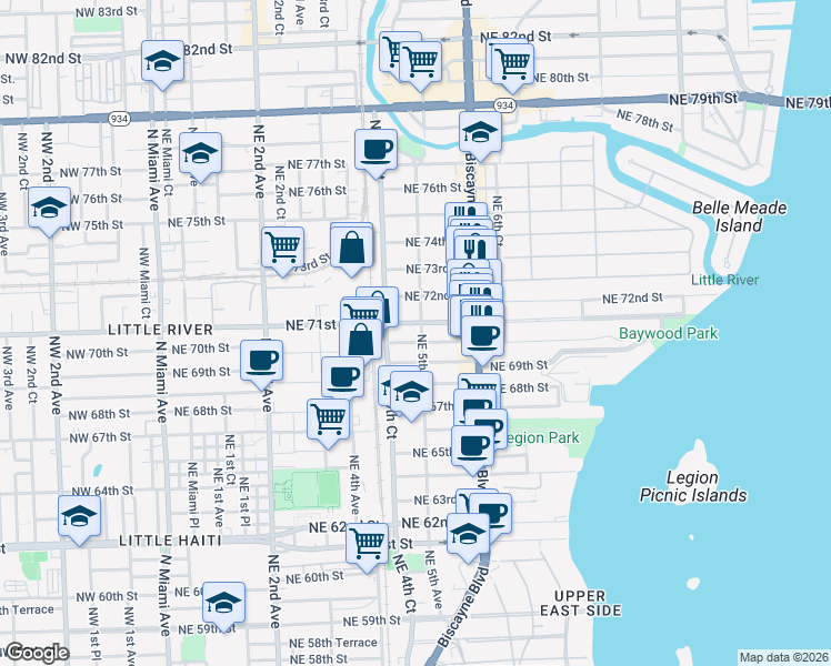 map of restaurants, bars, coffee shops, grocery stores, and more near 445 Northeast 71st Street in Miami