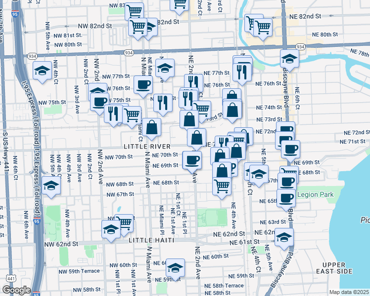 map of restaurants, bars, coffee shops, grocery stores, and more near 7100 Northeast 2nd Avenue in Miami
