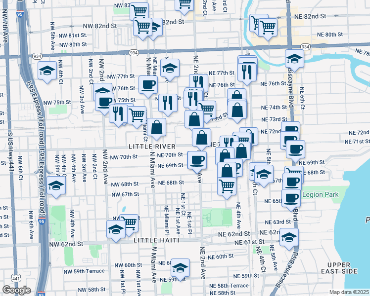 map of restaurants, bars, coffee shops, grocery stores, and more near 7100 Northeast 2nd Avenue in Miami