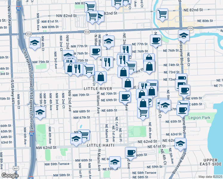 map of restaurants, bars, coffee shops, grocery stores, and more near 103 Northeast 71st Street in Miami