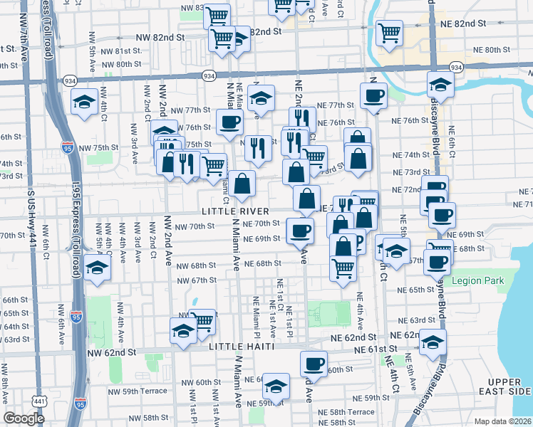 map of restaurants, bars, coffee shops, grocery stores, and more near 103 Northeast 71st Street in Miami