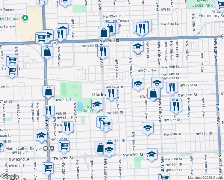map of restaurants, bars, coffee shops, grocery stores, and more near 2135 Northwest 72nd Street in Miami