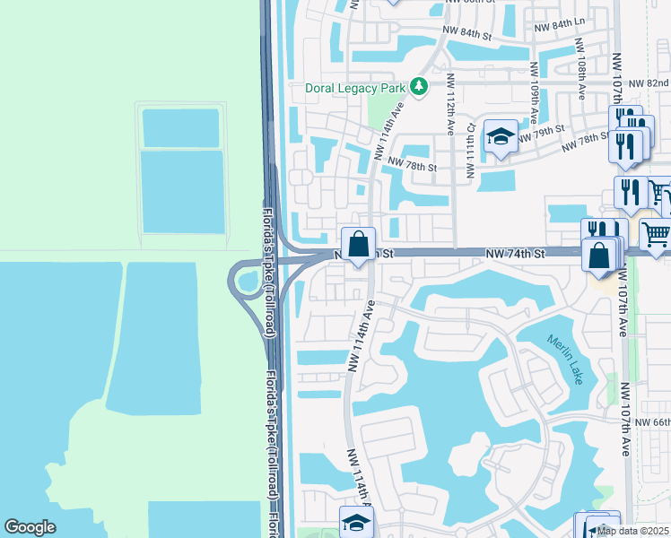 map of restaurants, bars, coffee shops, grocery stores, and more near 11424 Northwest 74th Terrace in Medley
