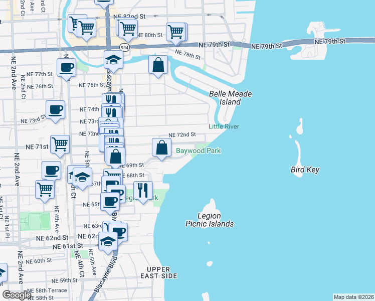 map of restaurants, bars, coffee shops, grocery stores, and more near 912 Northeast 71st Street in Miami