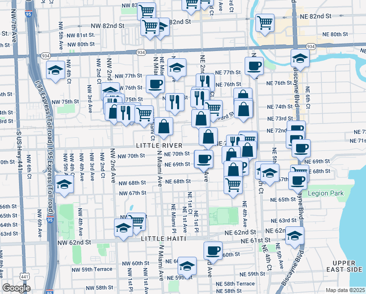 map of restaurants, bars, coffee shops, grocery stores, and more near 103 Northeast 71st Street in Miami