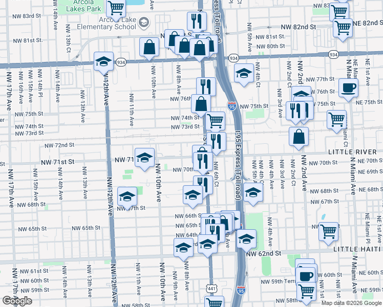 map of restaurants, bars, coffee shops, grocery stores, and more near 720 Northwest 72nd Street in Miami