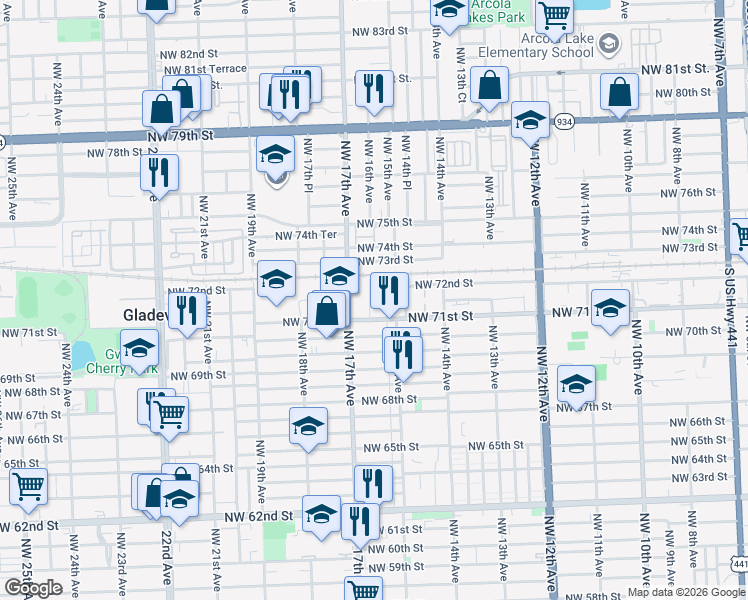 map of restaurants, bars, coffee shops, grocery stores, and more near 7210 Northwest 16th Avenue in Miami