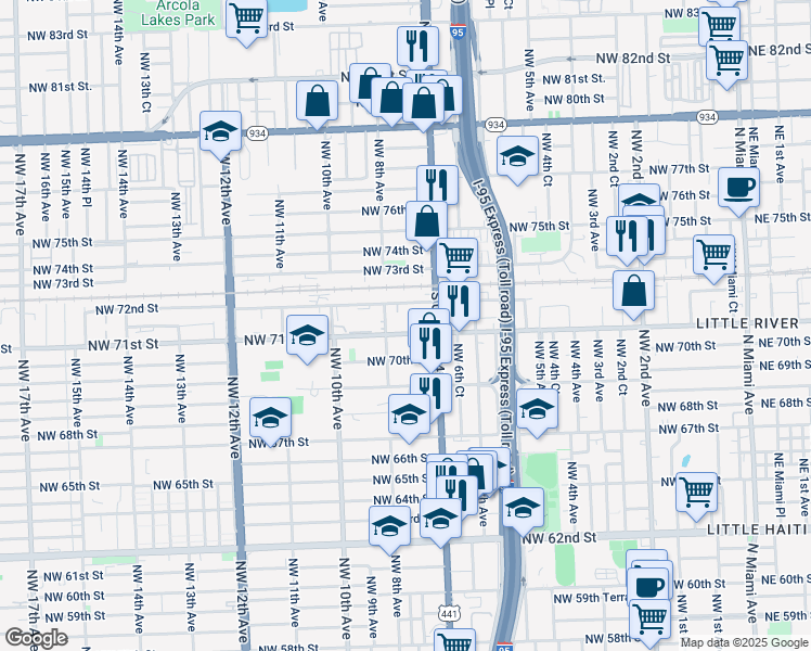 map of restaurants, bars, coffee shops, grocery stores, and more near 720 Northwest 72nd Street in Miami