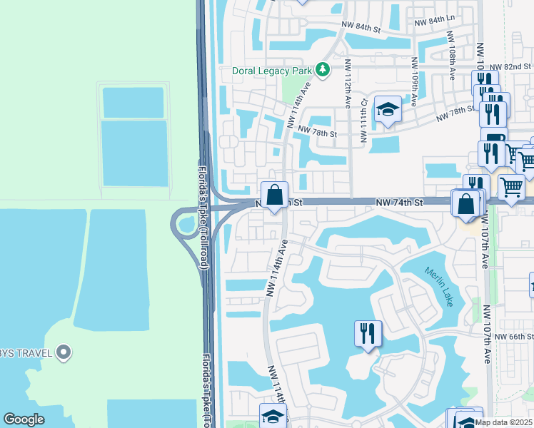 map of restaurants, bars, coffee shops, grocery stores, and more near 11424 Northwest 74th Terrace in Medley