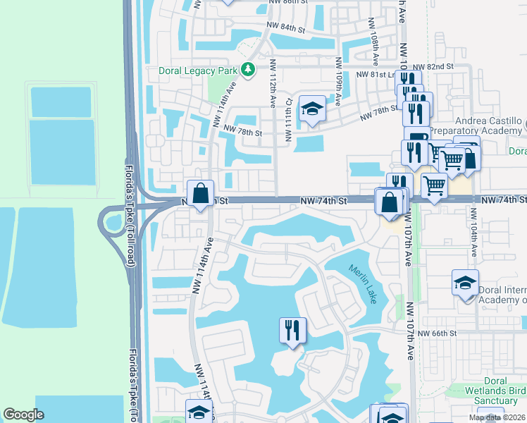 map of restaurants, bars, coffee shops, grocery stores, and more near 11207 Northwest 73rd Terrace in Doral