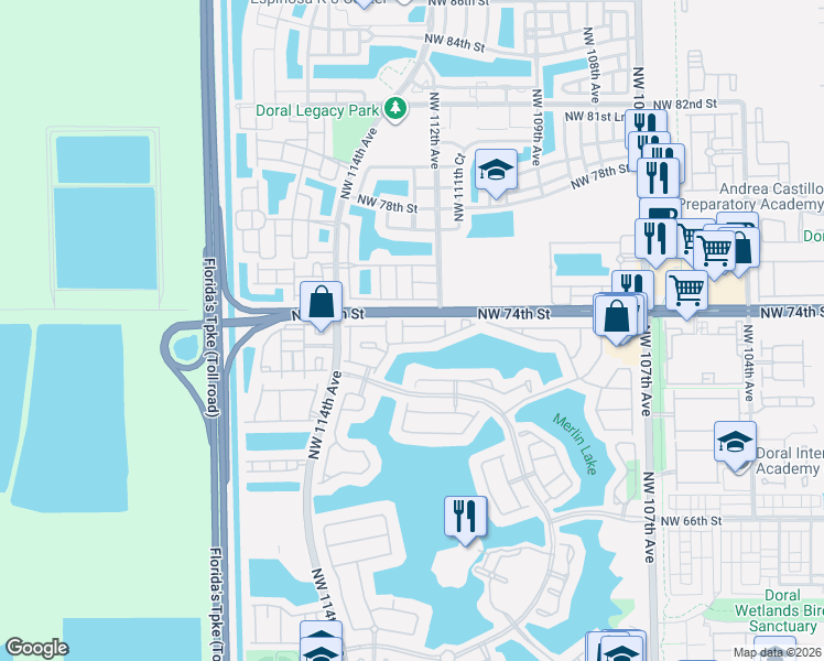map of restaurants, bars, coffee shops, grocery stores, and more near 11222 Northwest 73rd Terrace in Doral