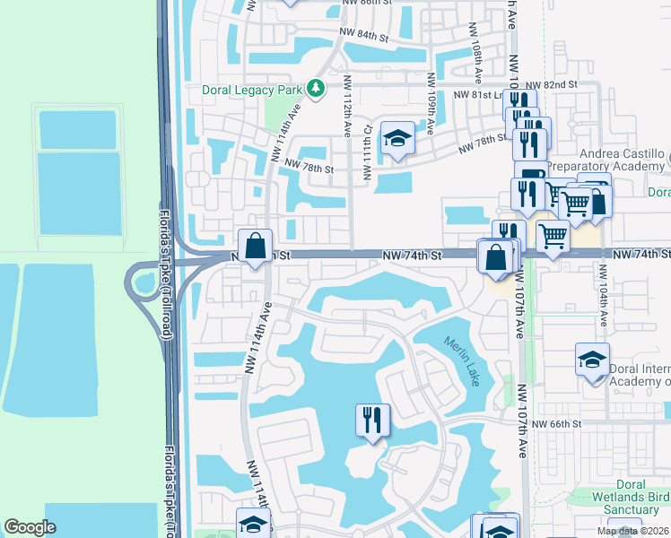 map of restaurants, bars, coffee shops, grocery stores, and more near 11207 Northwest 73rd Terrace in Doral