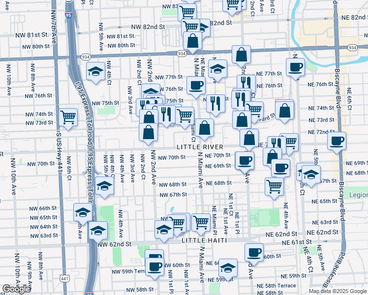 map of restaurants, bars, coffee shops, grocery stores, and more near 73 Northwest 71st Street in Miami