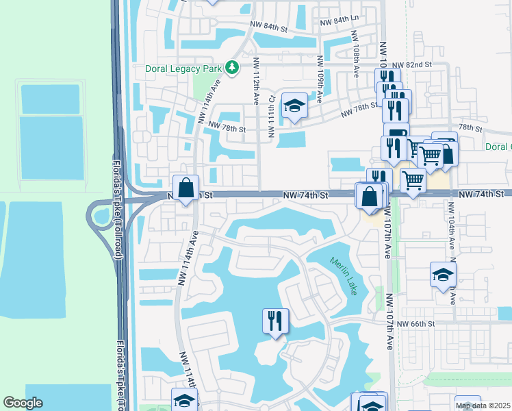 map of restaurants, bars, coffee shops, grocery stores, and more near 11207 Northwest 73rd Terrace in Doral