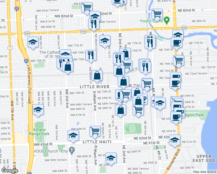 map of restaurants, bars, coffee shops, grocery stores, and more near 103 Northeast 71st Street in Miami