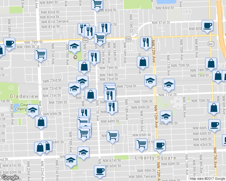 map of restaurants, bars, coffee shops, grocery stores, and more near 7184 Northwest 14th Place in Miami
